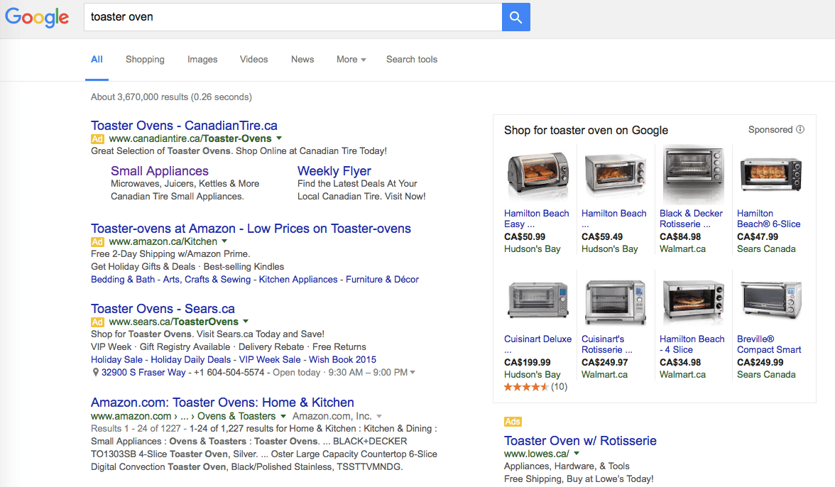Google search results for toaster oven
