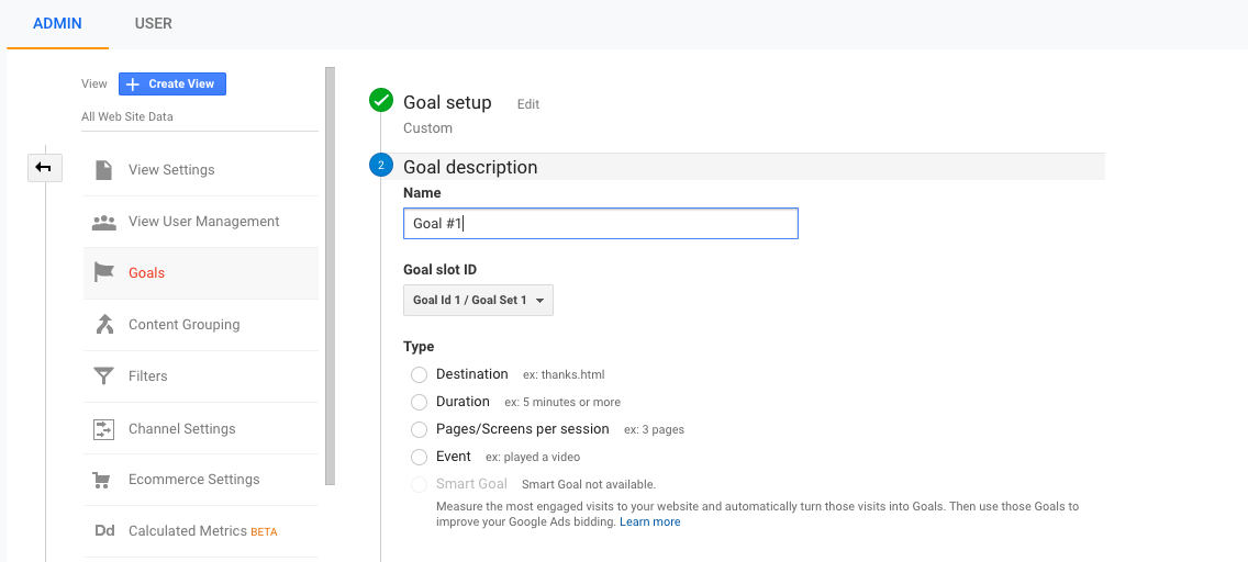 Google Analytics goal creation 