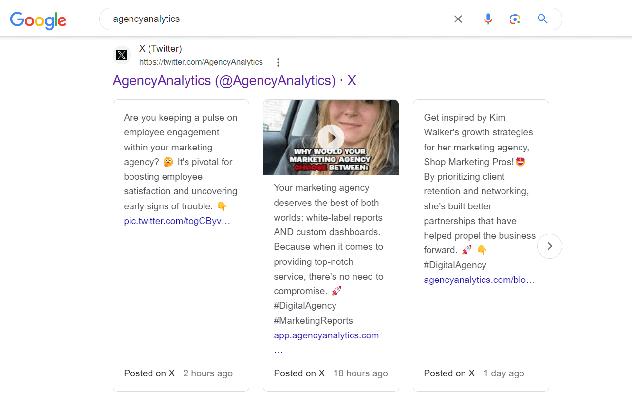 Google SERP social media example Google SERP social media example