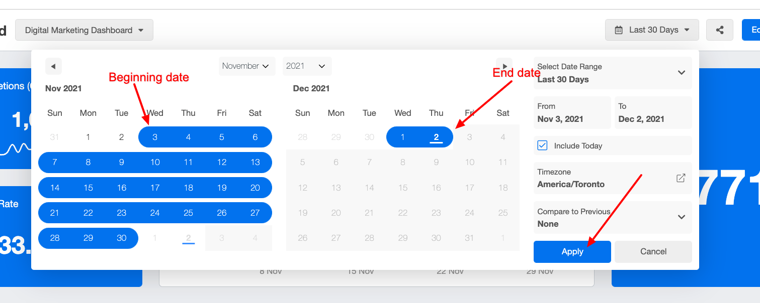 Easily set a date range for your client reports to zoom in and out for insights 