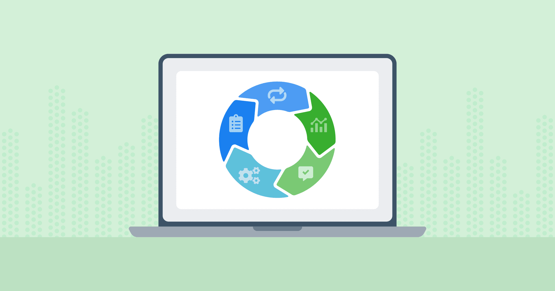 Image of a laptop showing a change management process in a loop diagram 