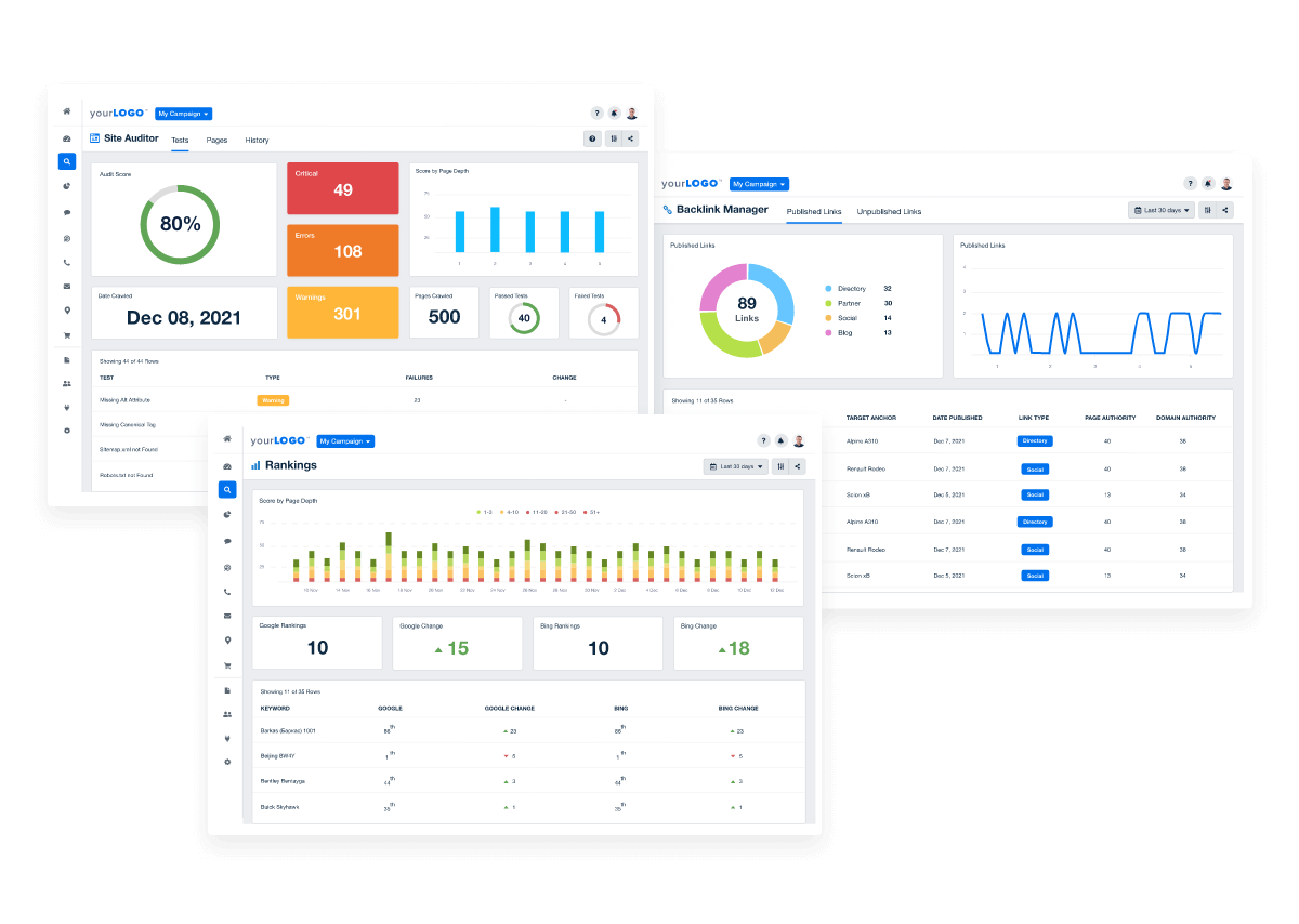 Screenshots of Multiple SEO Analytics Dashboards