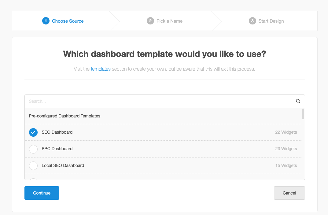 Screenshot of the Dashboard Template Picker