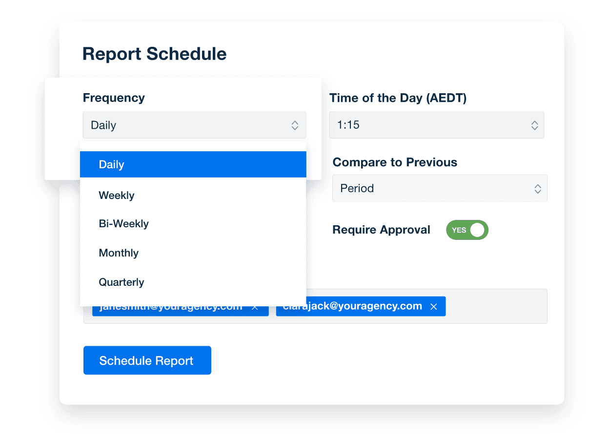 An example of marketing report scheduling options from AgencyAnalytics