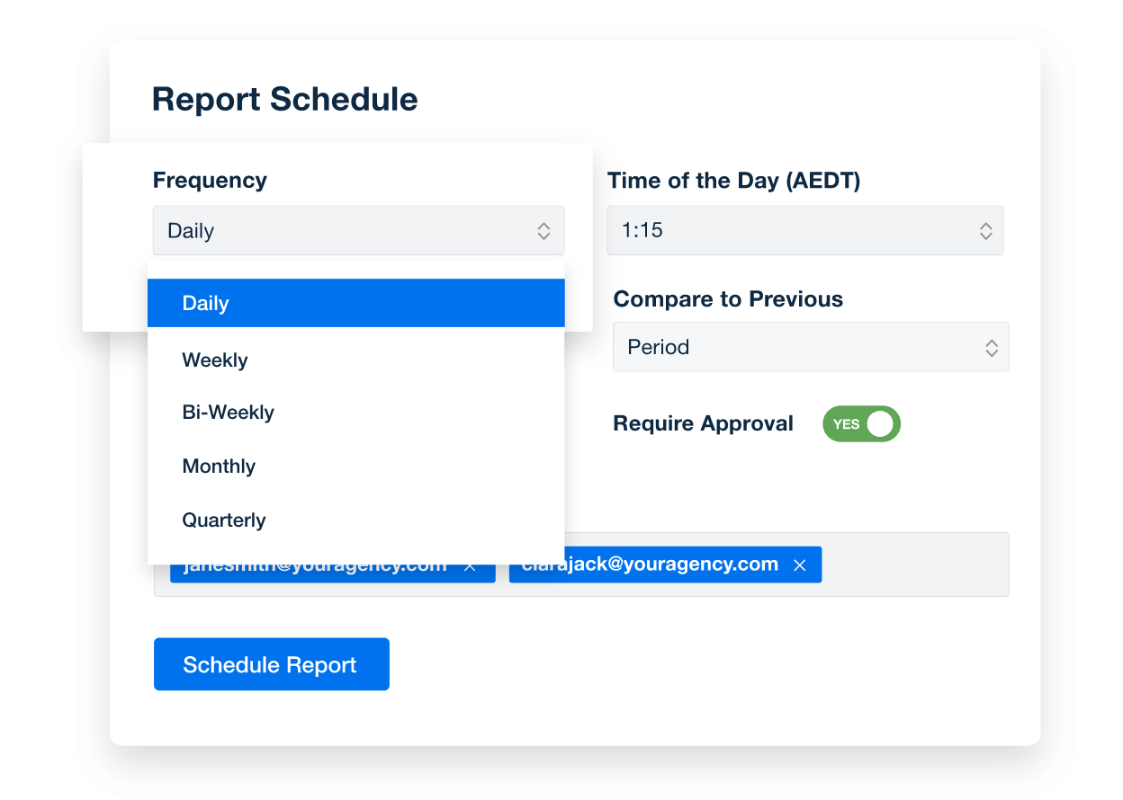 An example of marketing report scheduling options from AgencyAnalytics An example of marketing report scheduling options from AgencyAnalytics