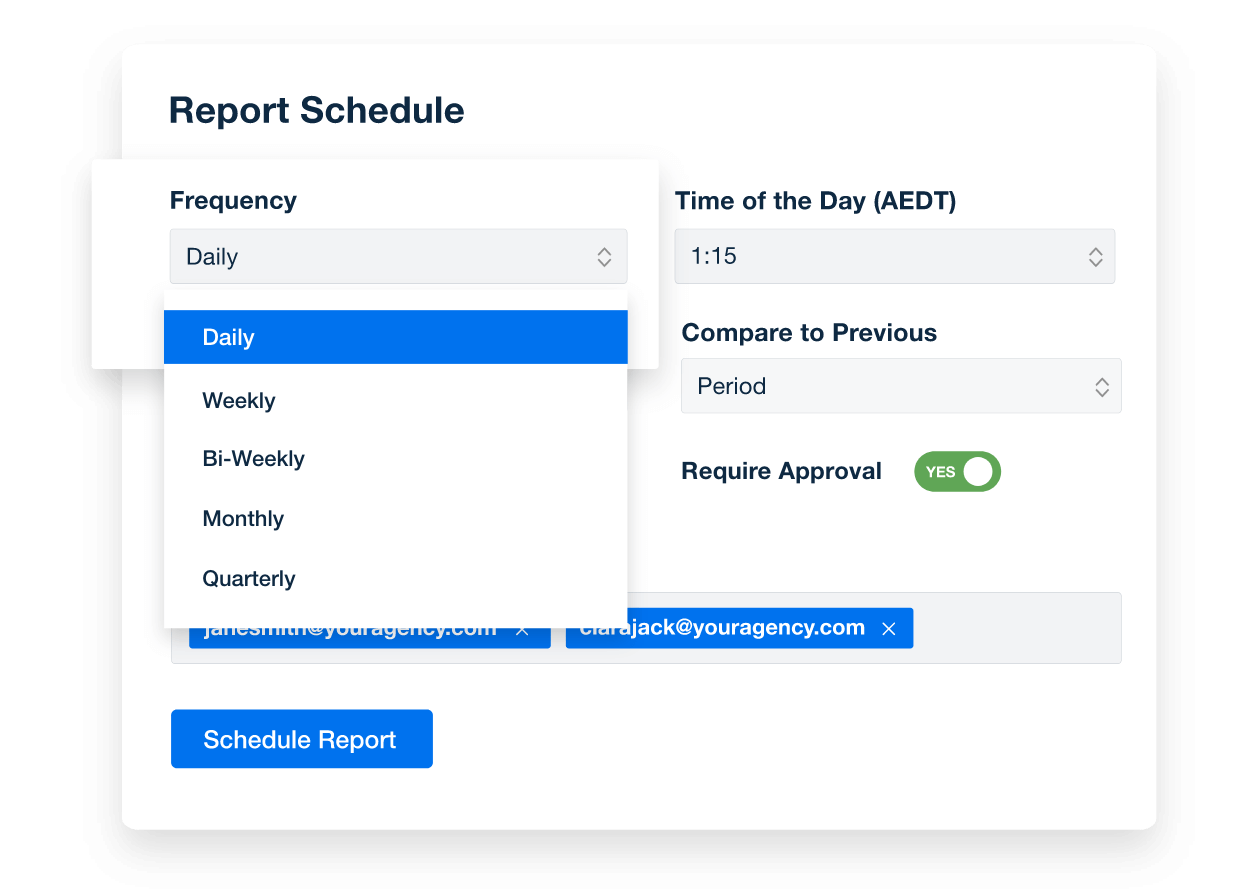 An example of marketing report scheduling options from AgencyAnalytics