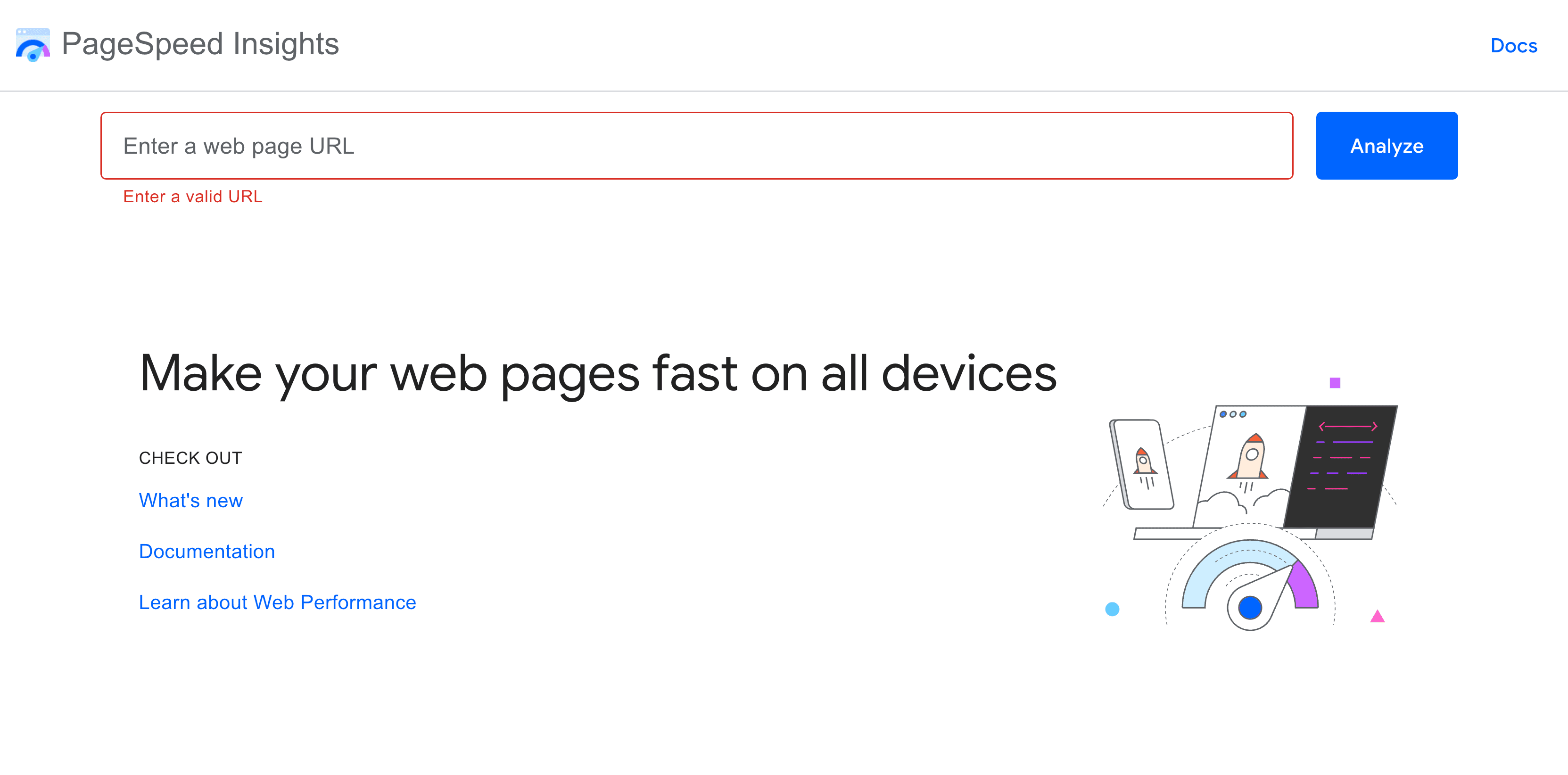 Google PageSpeed Insights homepage Google PageSpeed Insights homepage