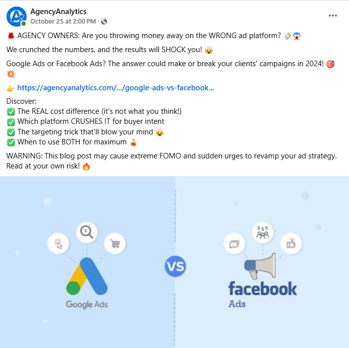 An example of an AgencyAnalytics social media post using popular emojis. An example of an AgencyAnalytics social media post using popular emojis.
