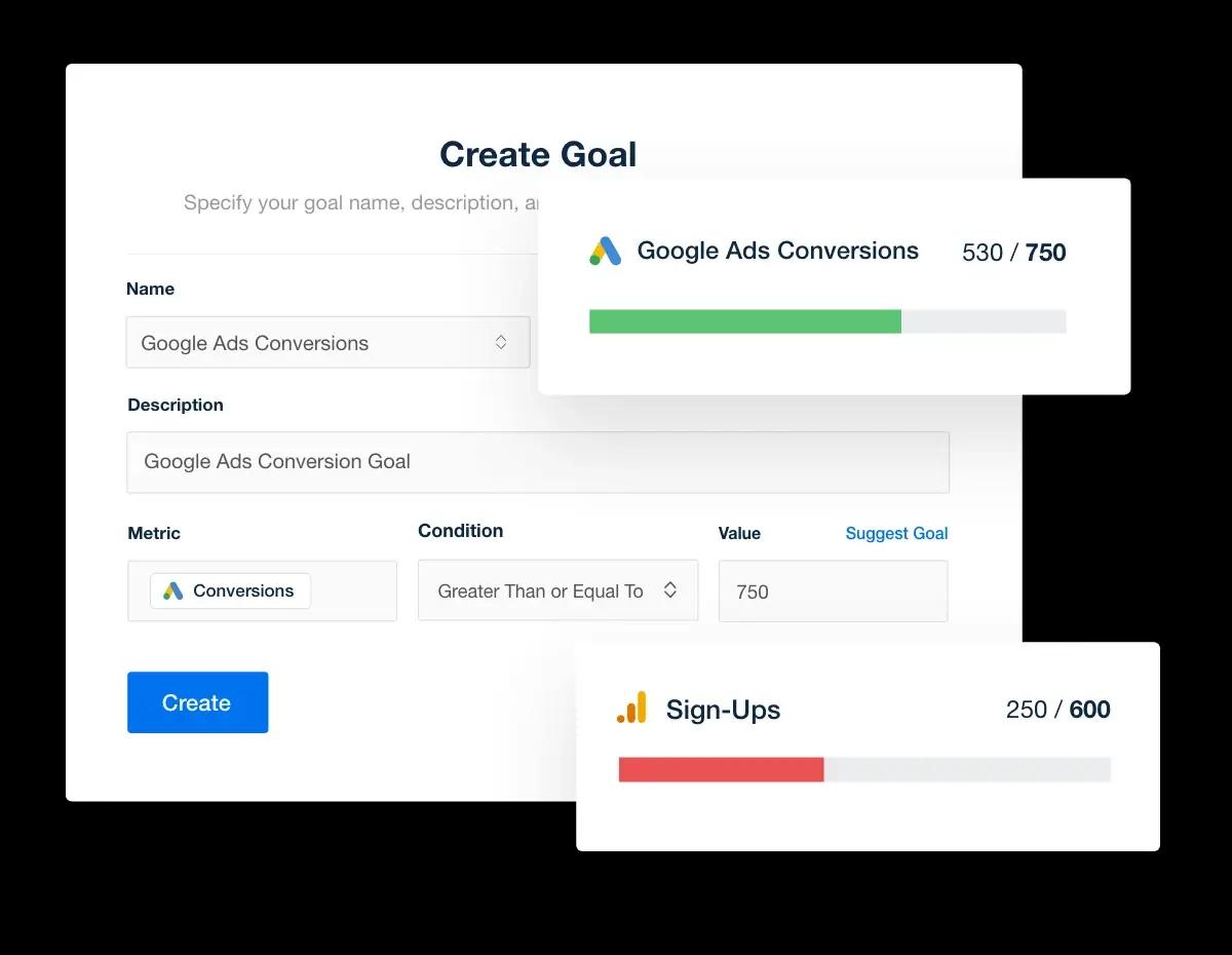 A screenshot of the AgencyAnalytics goal interface