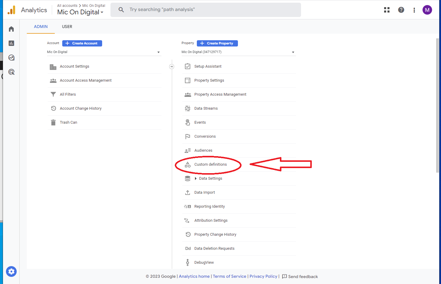 screenshot of custom definitions in Google Analytics 4