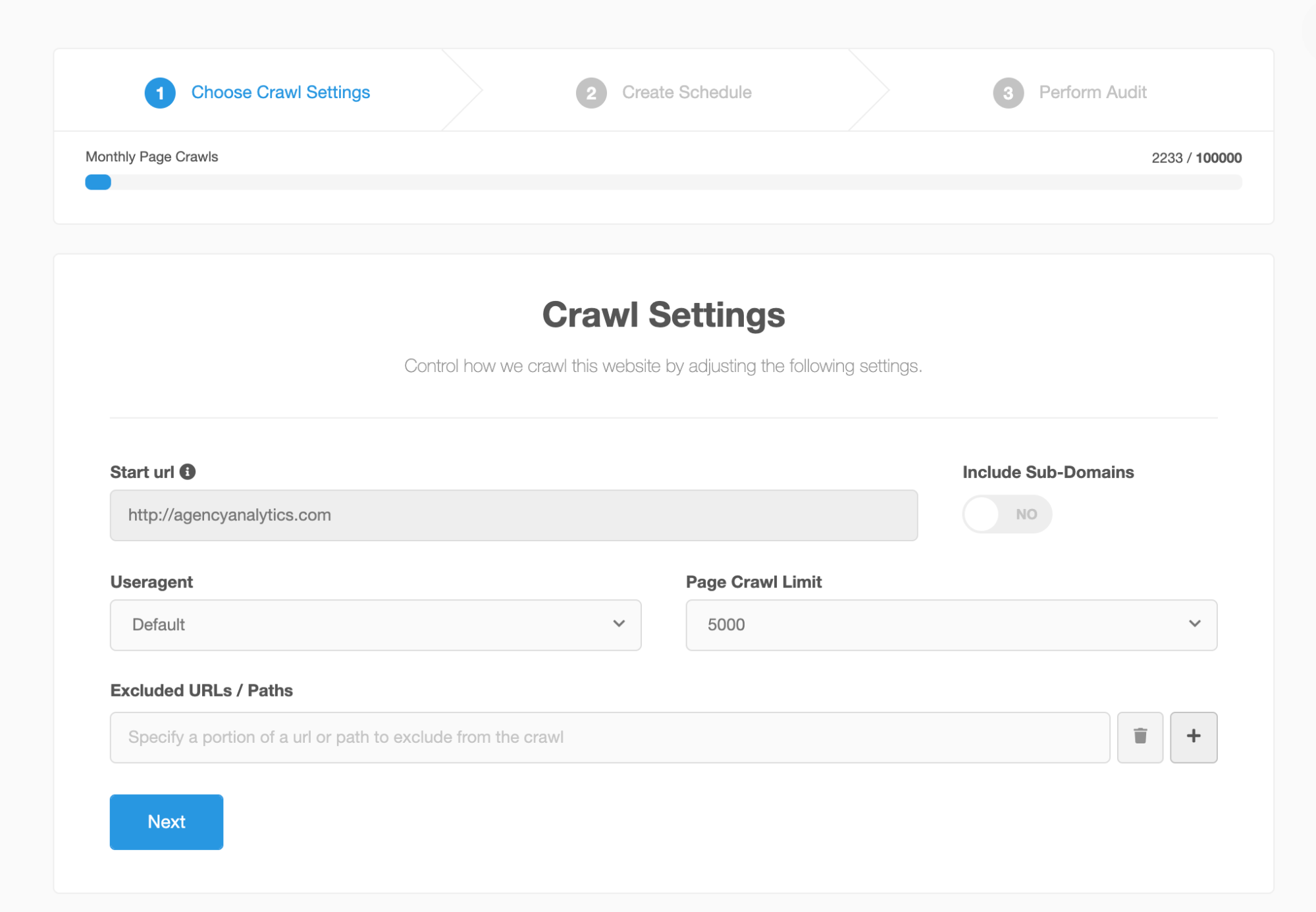 Site Auditor Crawl Settings