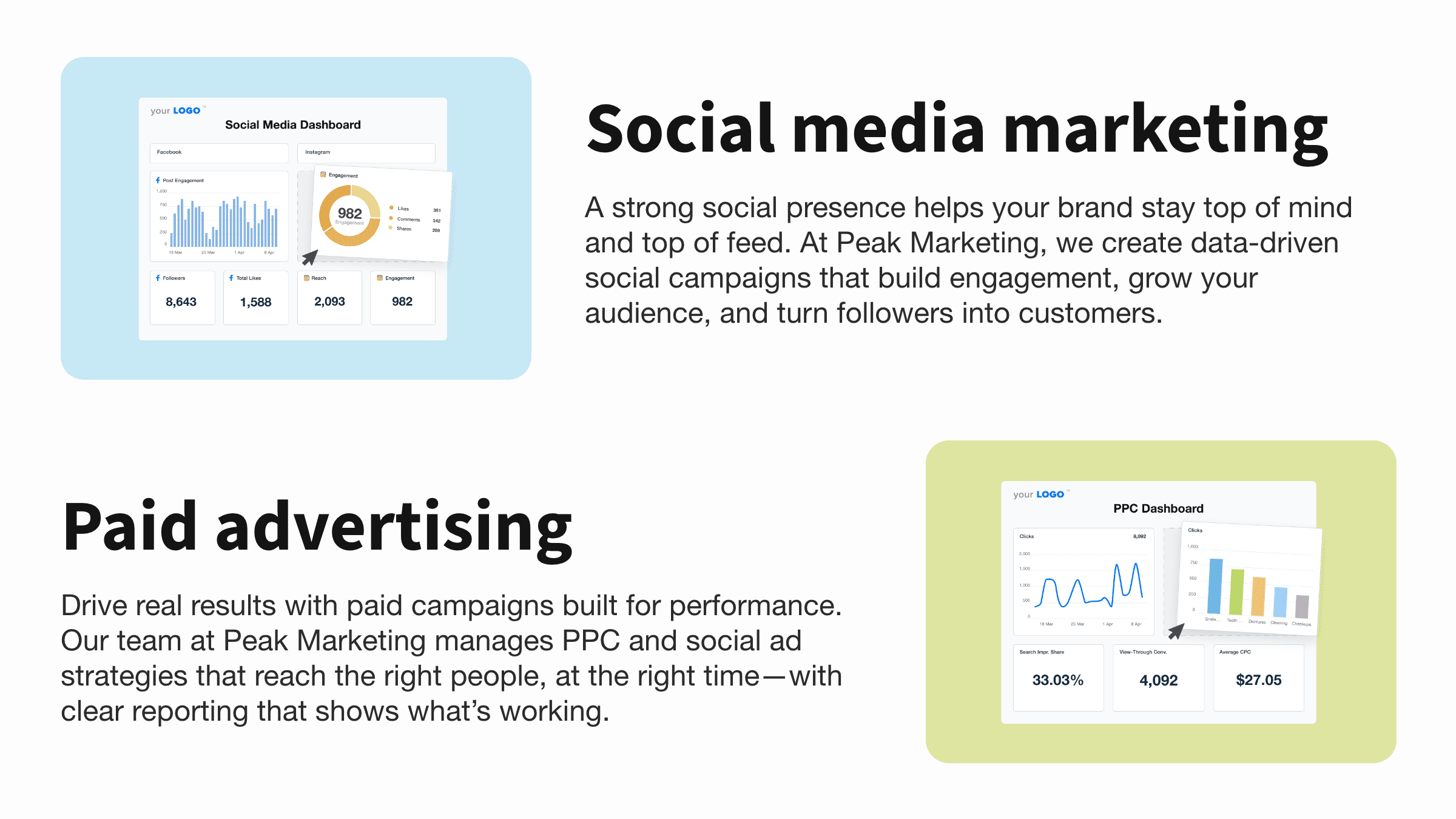 An example of a marketing agency's services page with reporting dashboard visuals An example of a marketing agency's services page with reporting dashboard visuals