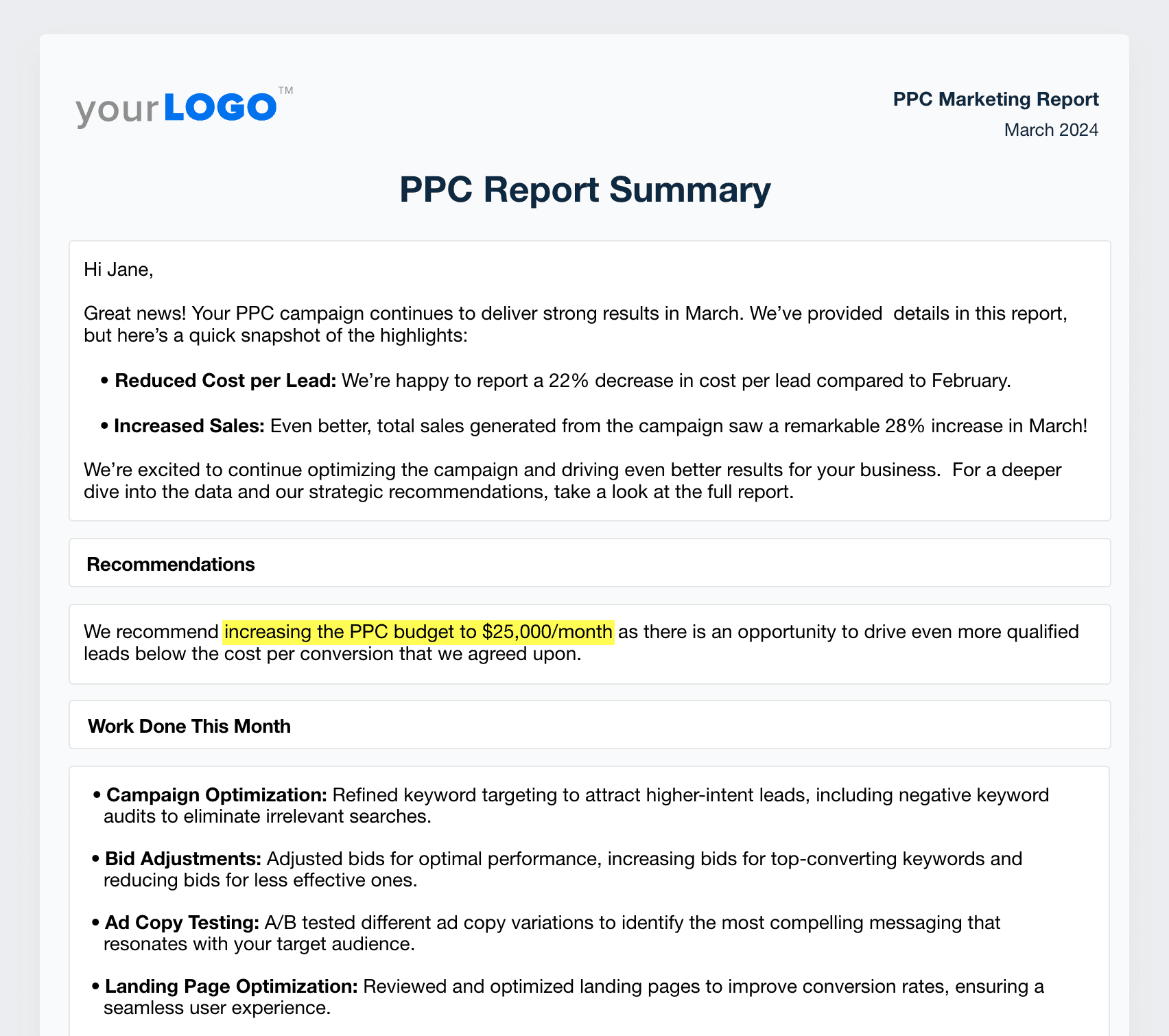 Monthly Google Ads PPC Report Summary Example