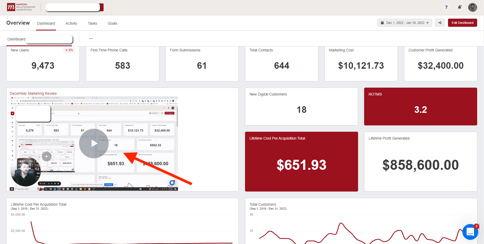 example of the client-facing dashboard with an embedded video review of current performance