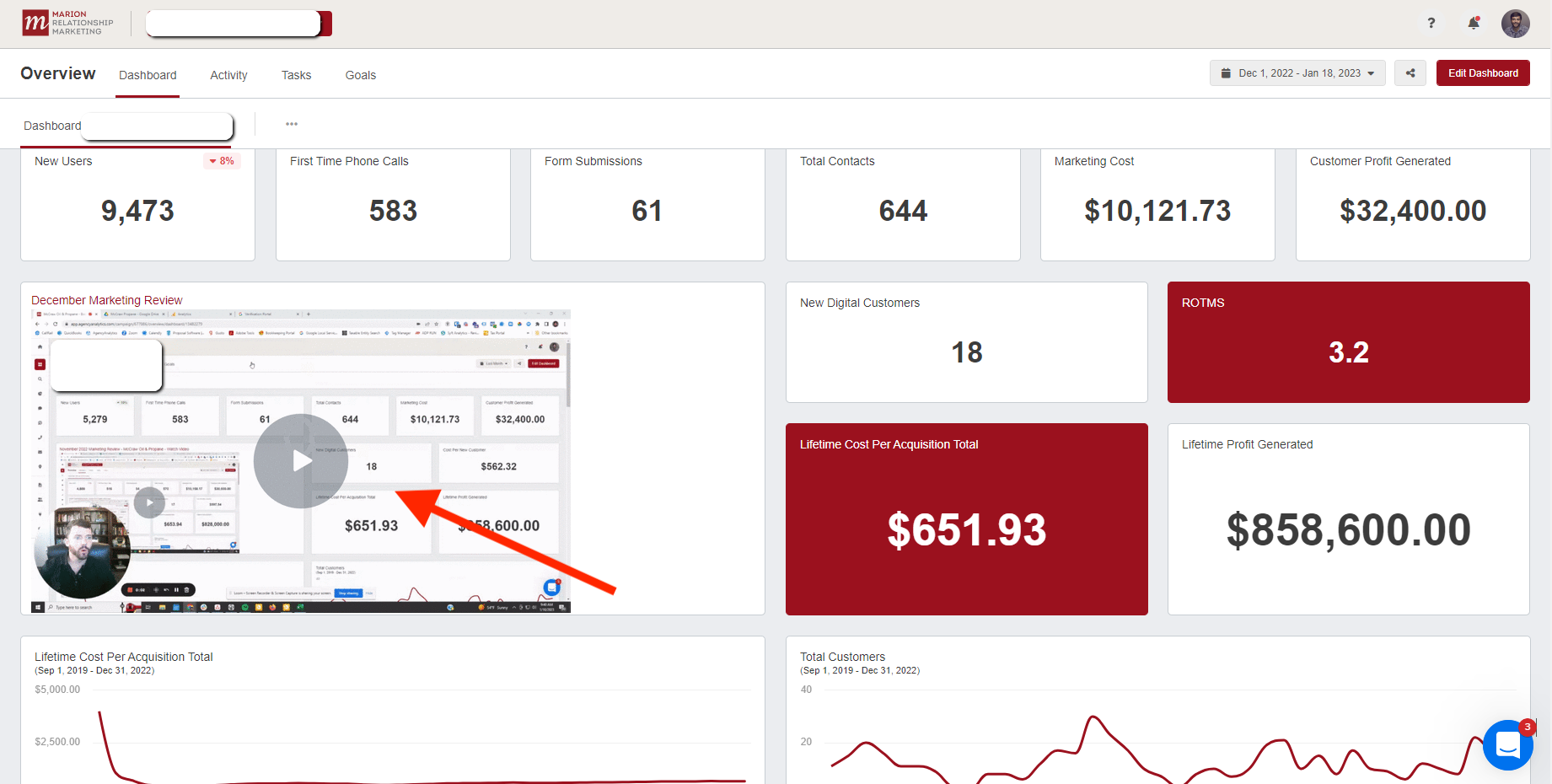 example of the client-facing dashboard with an embedded video review of current performance example of the client-facing dashboard with an embedded video review of current performance