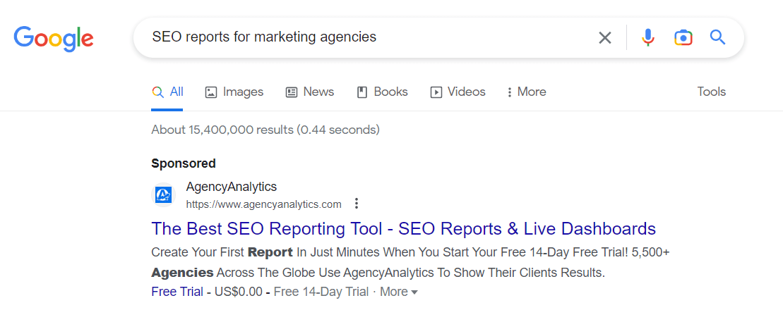 example of a google search result for SEO reports for marketing agencies