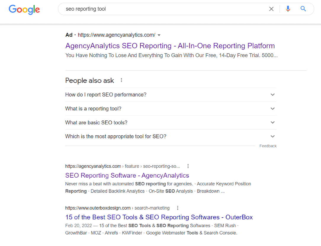SEO Reporting Tool SERP Results