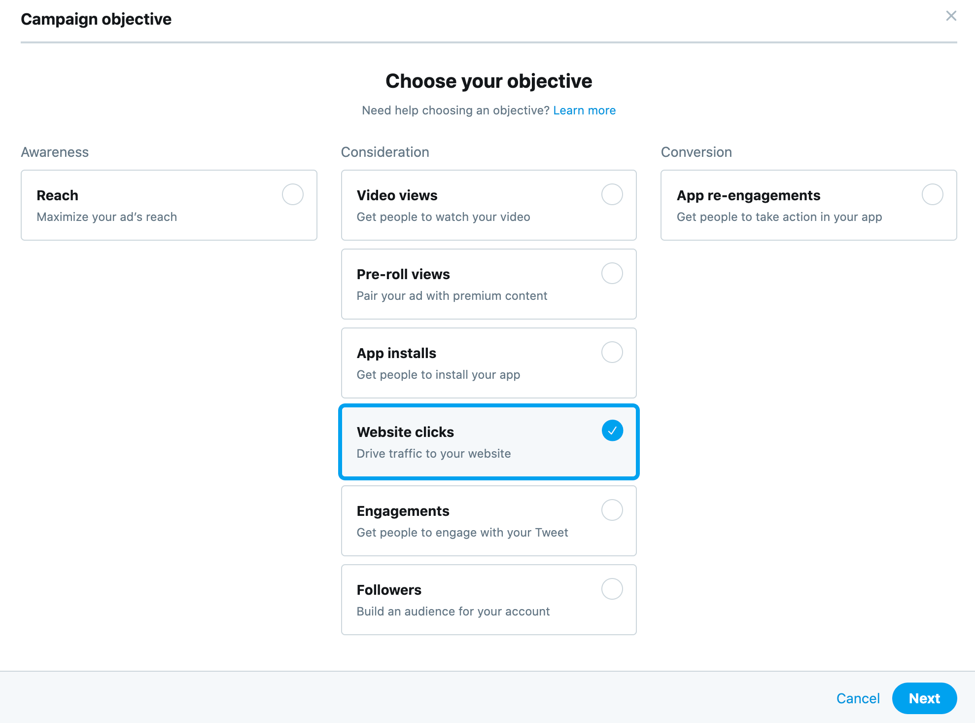 Twitter Ads Objective Setting Screenshot