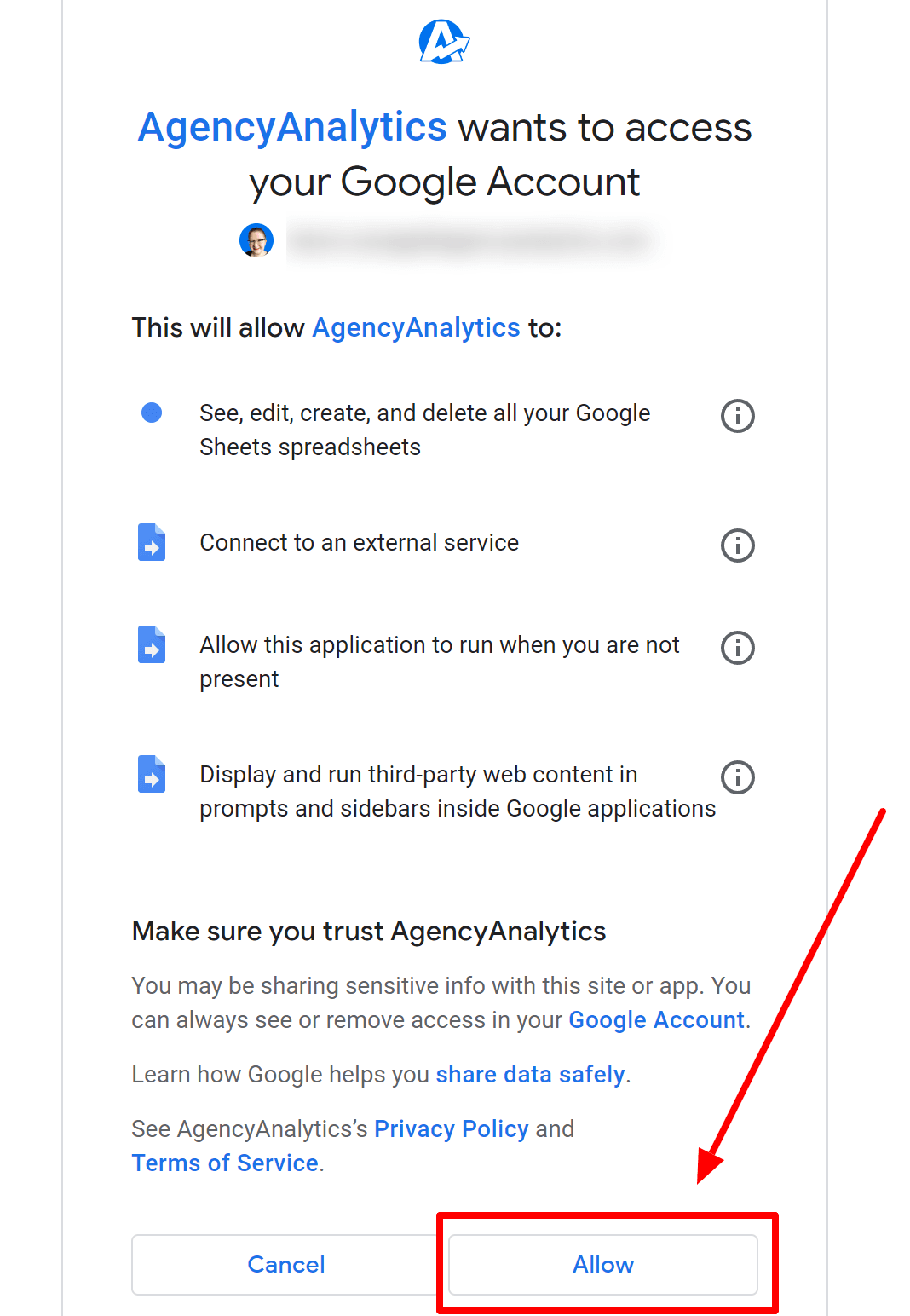 An image showing how to allow final access for AgencyAnalytics to install the Google Sheets app 