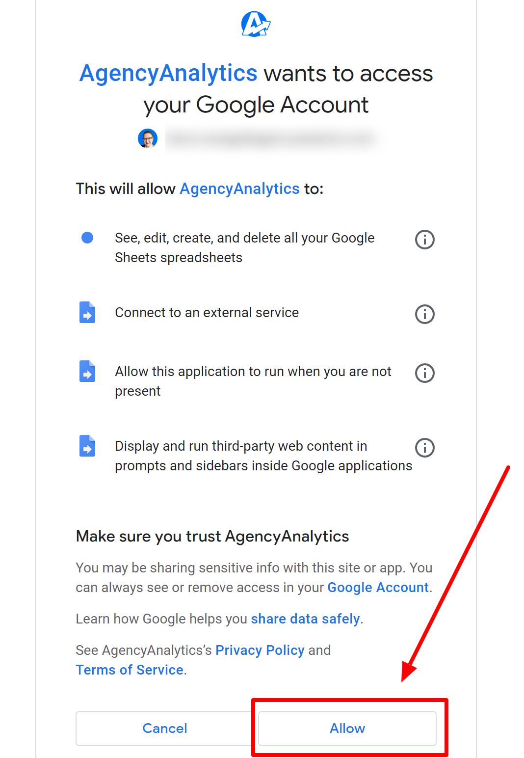 An image showing how to allow final access for AgencyAnalytics to install the Google Sheets app An image showing how to allow final access for AgencyAnalytics to install the Google Sheets app