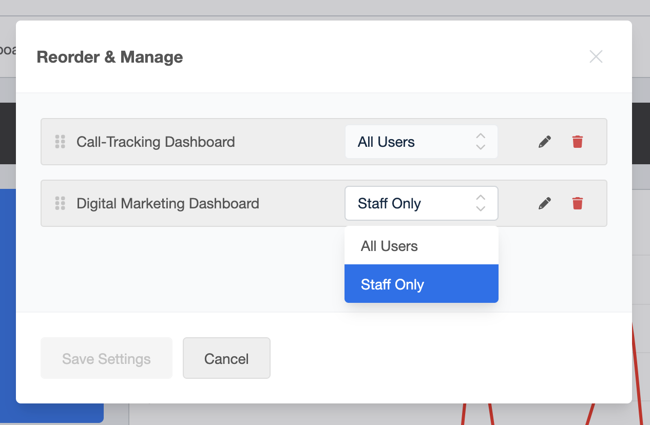 AgencyAnalytics users can now easily manage permissions on any dashboard to make it visible to Staff Only, or for All Users. 