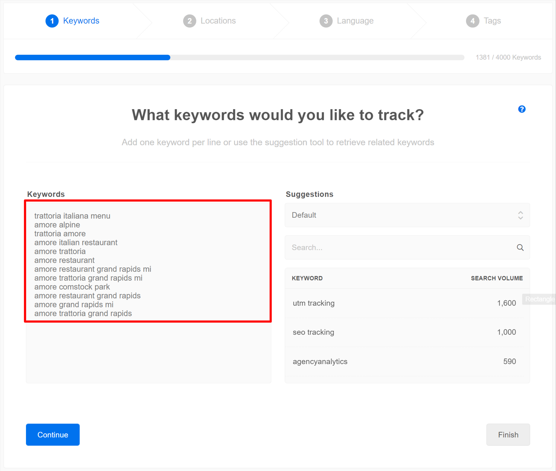 Image showing choosing the keywords you want to track for a campaign