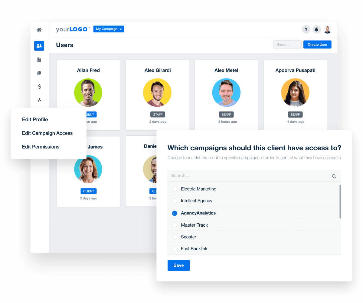 A screenshot showing granular client permissions in AgencyAnalytics