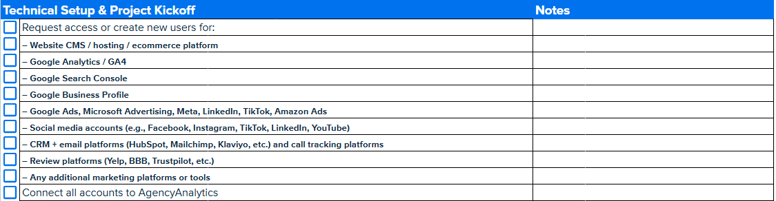 An example from the technical setup section of the free client onboarding checklist template An example from the technical setup section of the free client onboarding checklist template