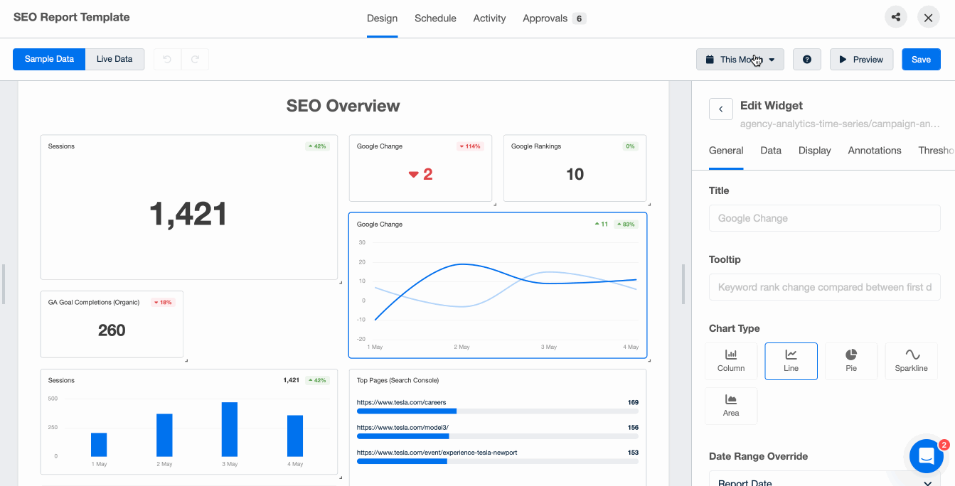 Gif of the SEO report date selector in action