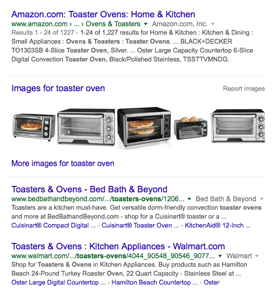 Google organic search results based on keyword intent for toaster ovens search
