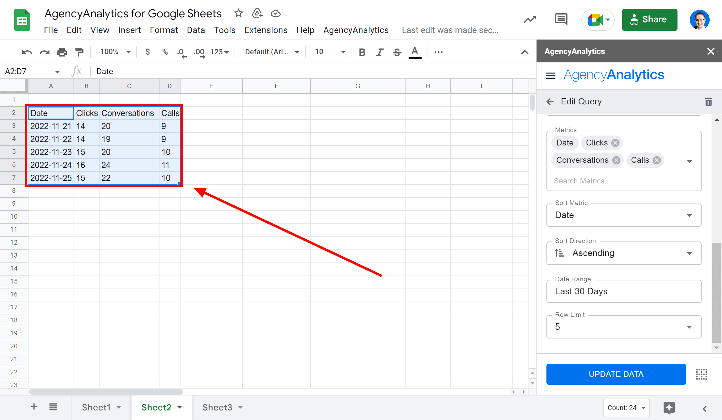 An image showing how query data gets added to AgencyAnalytics for Google Sheets