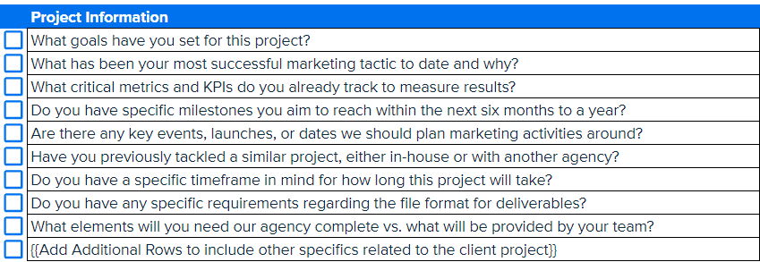 Example Project Information Questions from the Client Onboarding Questionnaire Template Example Project Information Questions from the Client Onboarding Questionnaire Template