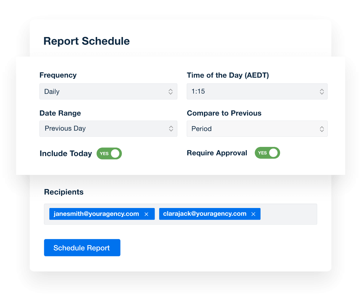 A screenshot of the AgencyAnalytics report scheduling interface