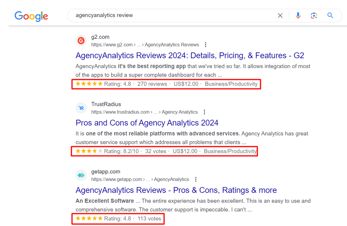 Google SERP example rich results
