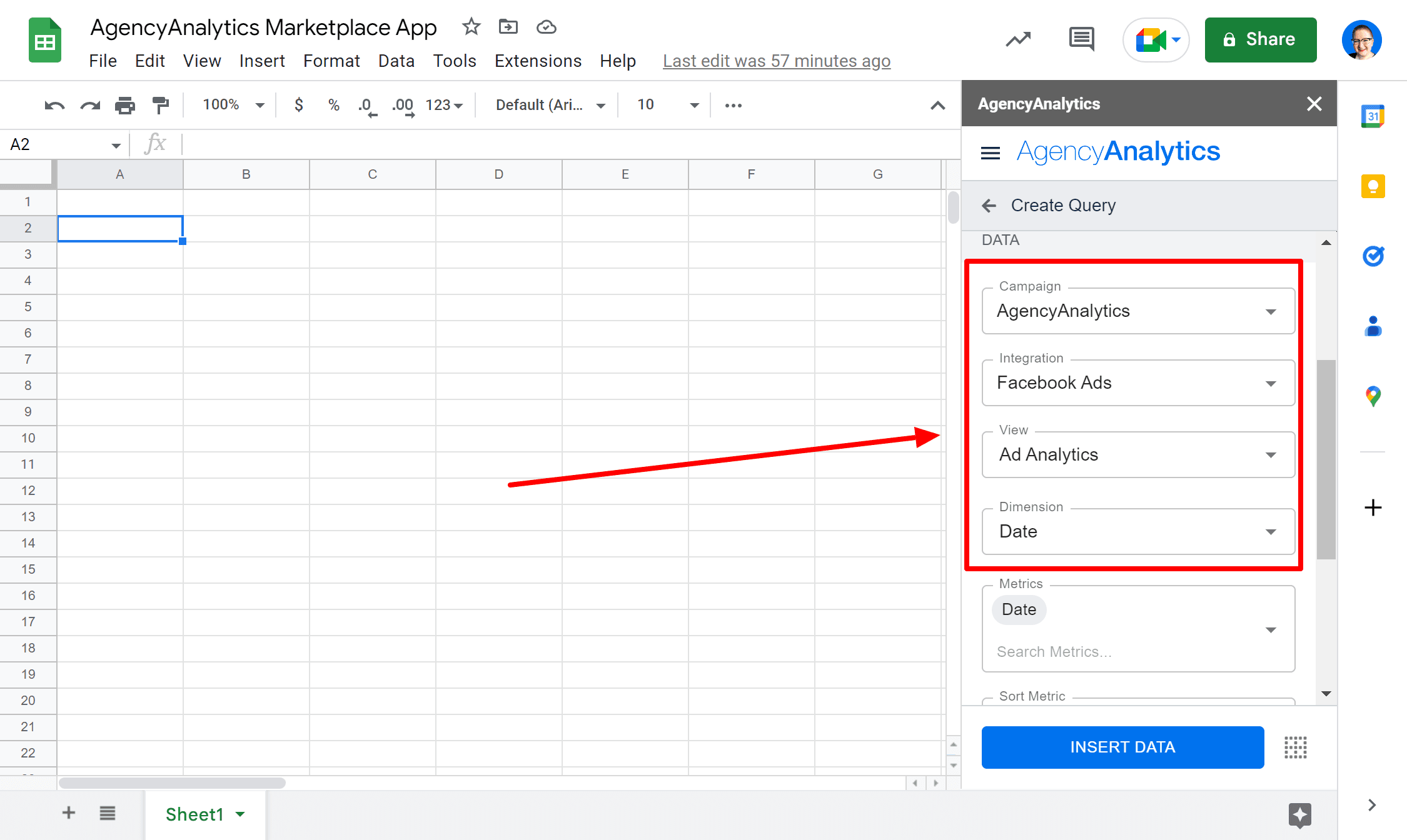 An image showing how to build query parameters in AgencyAnalytics for Google Sheets
