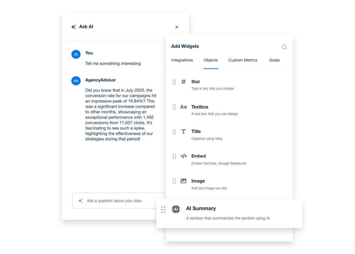 An example showing how to unlock powerful AI insights for real-time marketing decisions using AgencyAnalytics' AI reporting tools