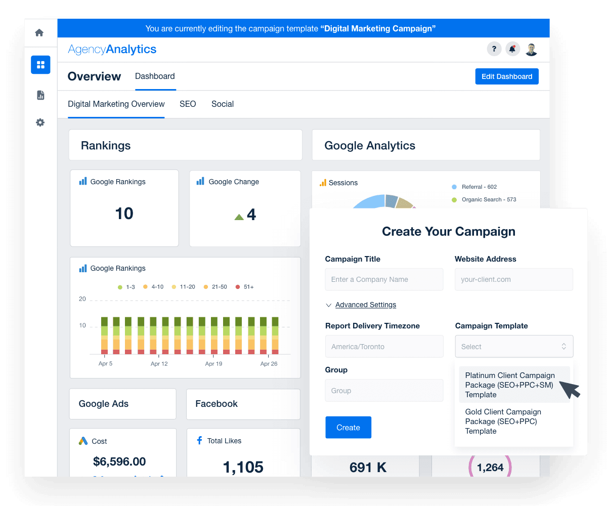 Pre-populate campaign templates with the dashboards and reports your agency uses consistently.