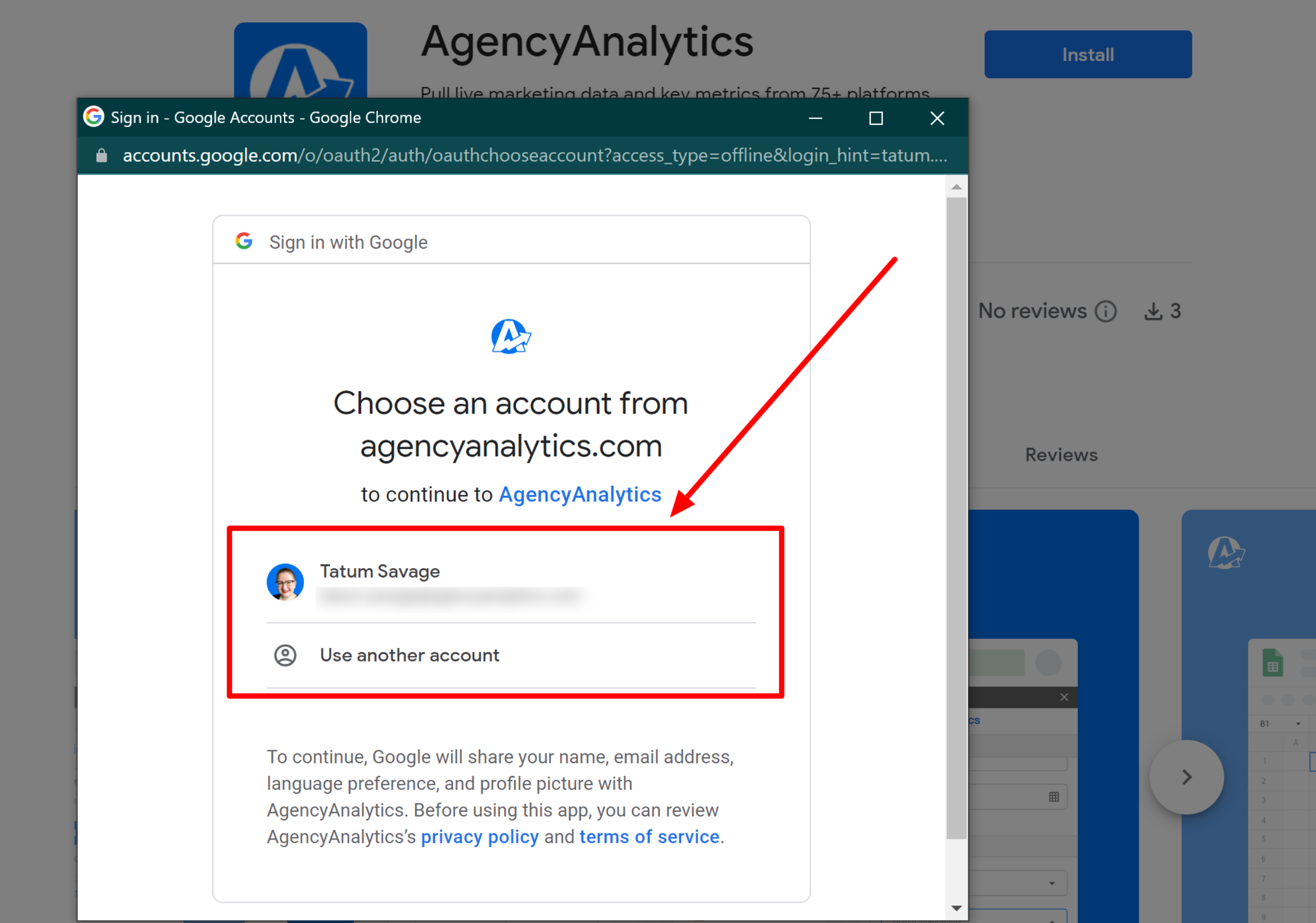 An image showing how to select your preferred Google account to install AgencyAnalytics for Google Sheets An image showing how to select your preferred Google account to install AgencyAnalytics for Google Sheets