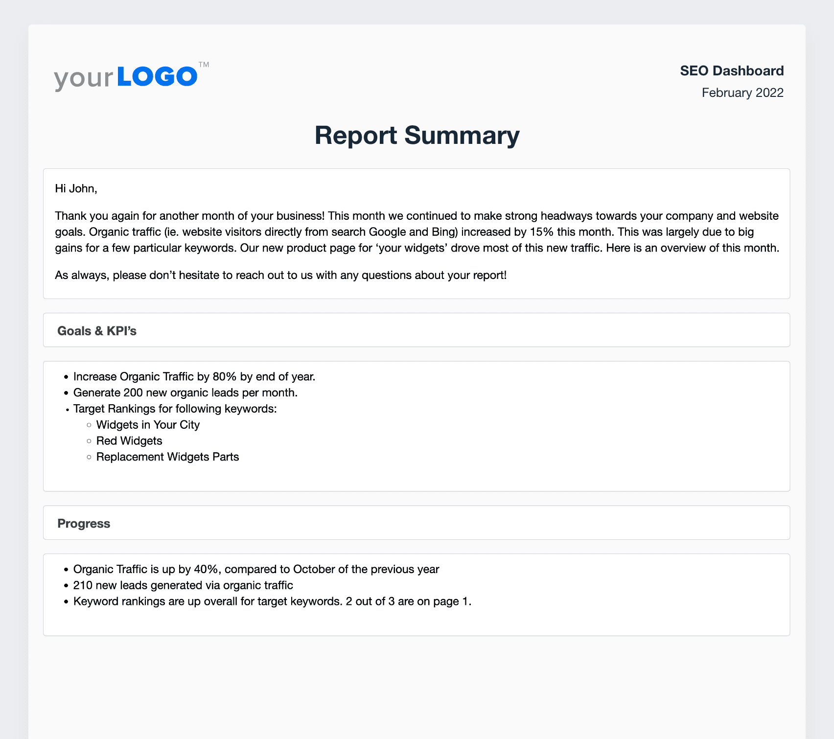 A screenshot of the Report Summary example from the SEO Report Template A screenshot of the Report Summary example from the SEO Report Template