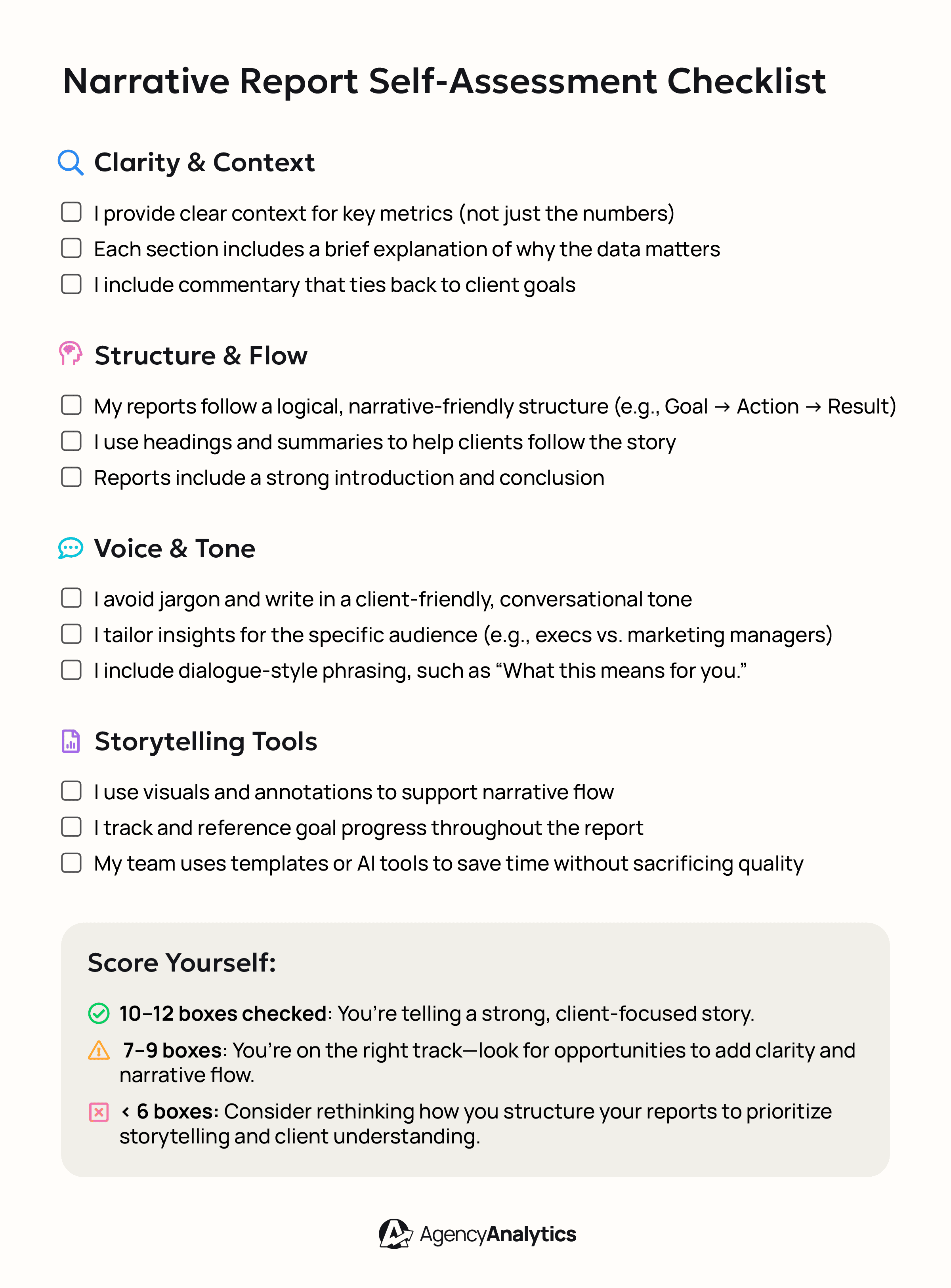A self-assessment checklist when creating a narrative report for marketing agency clients A self-assessment checklist when creating a narrative report for marketing agency clients