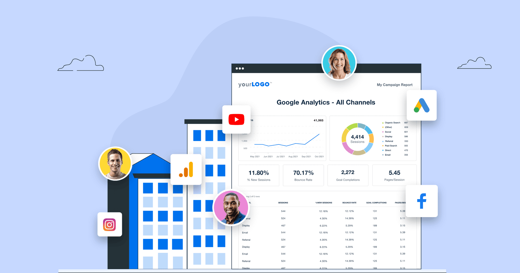 A stylized AgencyAnalytics report showing agency reporting tools