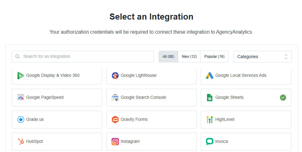 Easily connect the Google Sheets Integration to bring data from Google Sheets into AgencyAnalytics Easily connect the Google Sheets Integration to bring data from Google Sheets into AgencyAnalytics