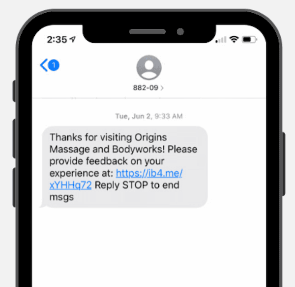 example of requesting a review by SMS