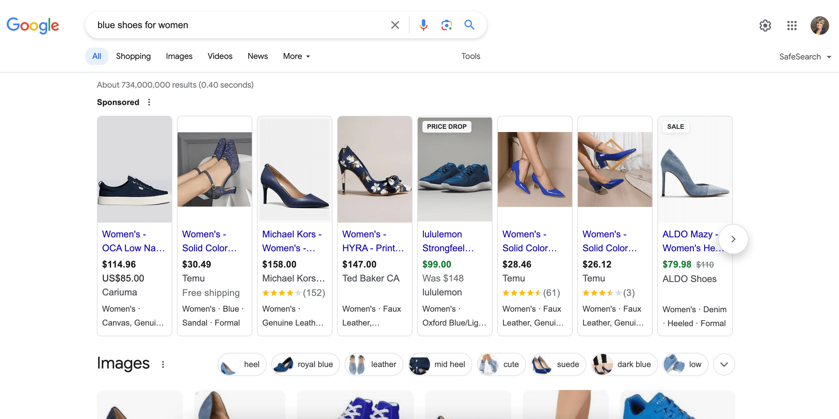 Google SERP shopping results example