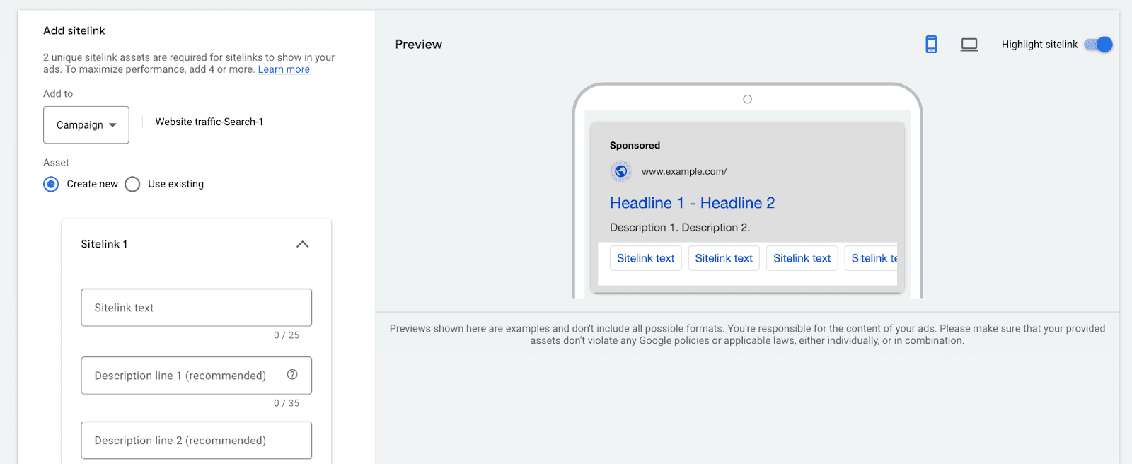 Google Ads add sidelink Google Ads add sidelink