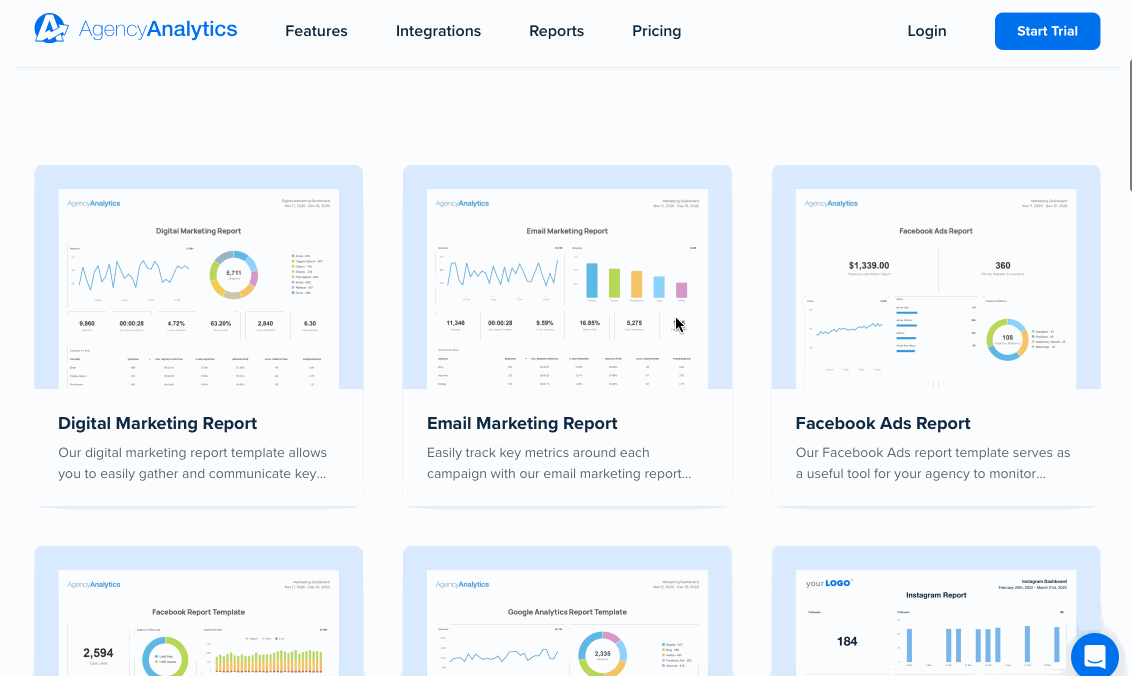 A scheenshot highlighting some of AgencyAnalytics' Professional Marketing Report Templates