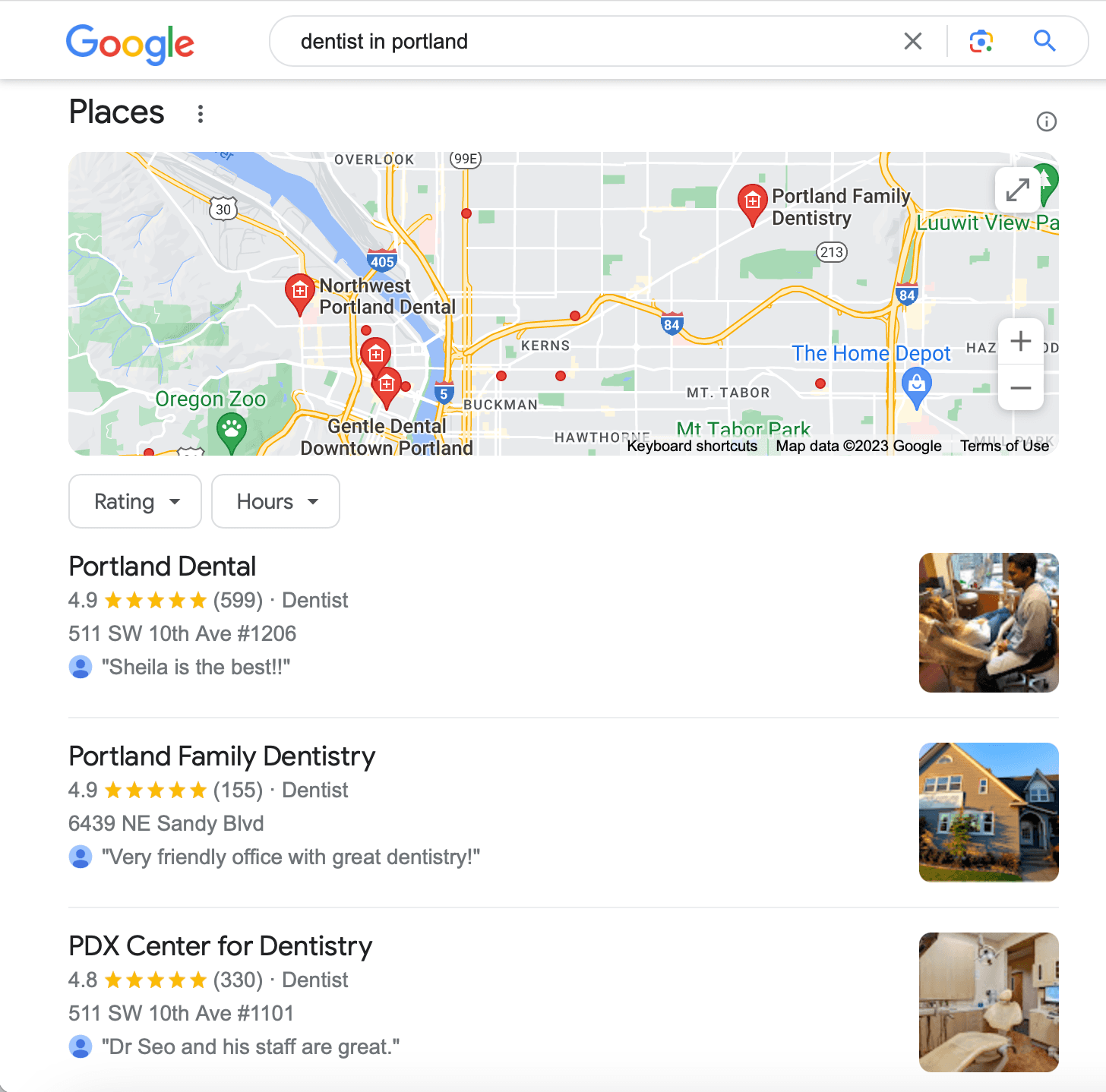 example of google local pack for dentist in portland