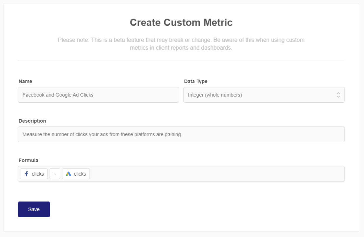 formula showing facebook and google ad clicks in a custom metric 