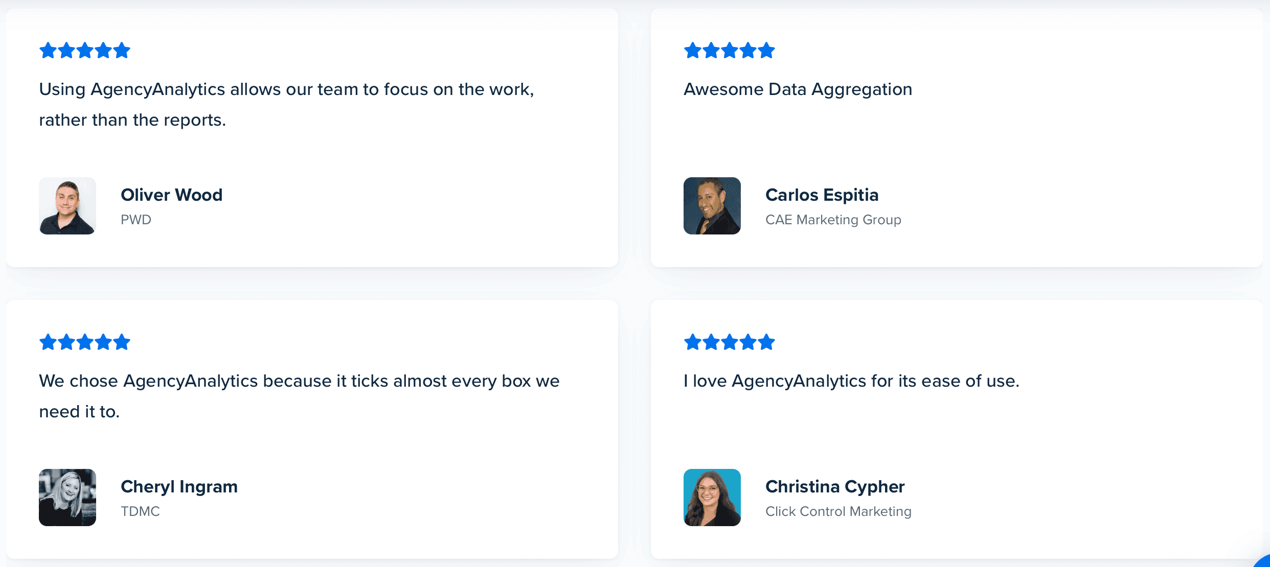 agencyanalytics testimonial and review ratings examples
