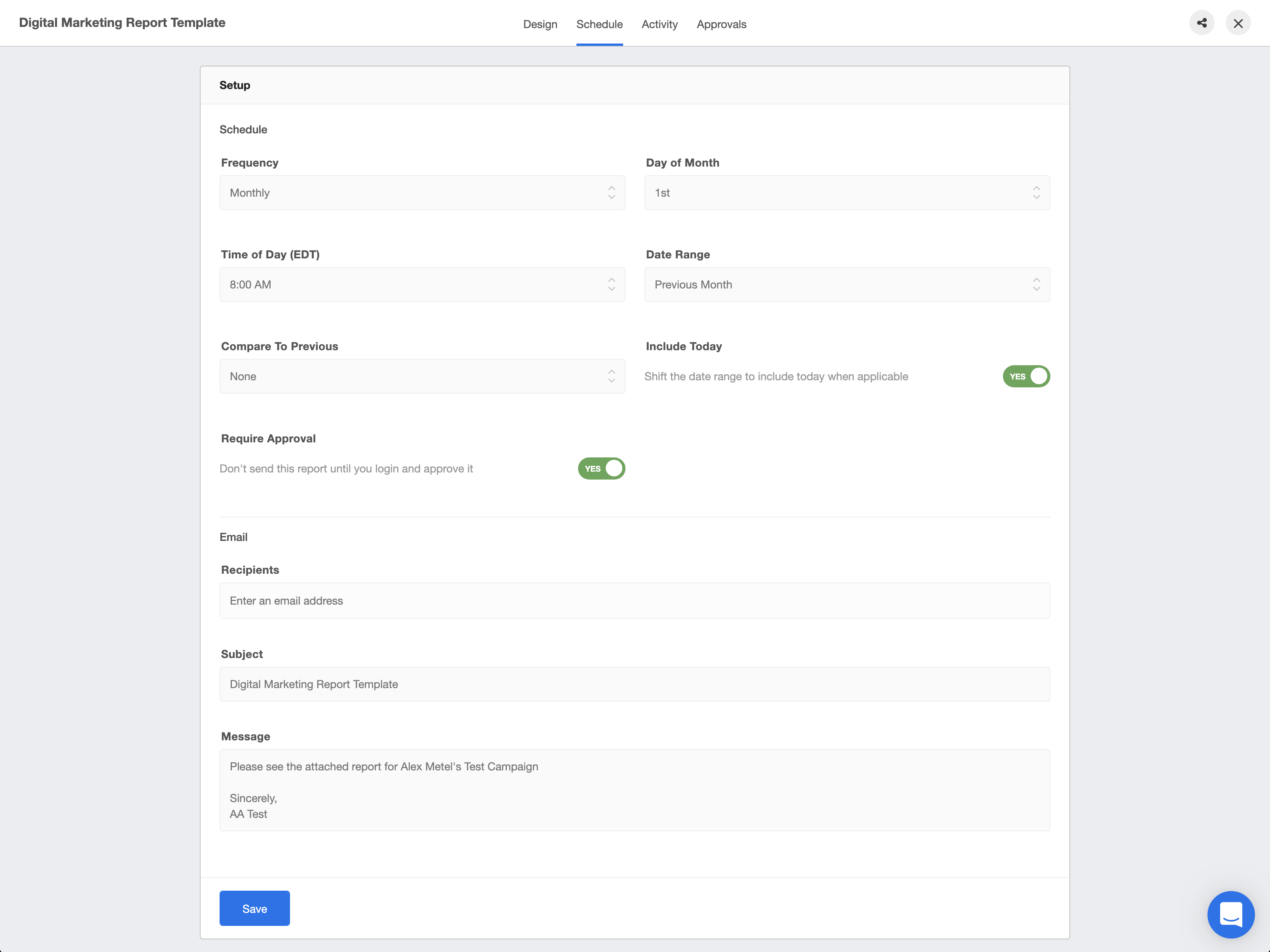 report scheduling configurations for automated reports